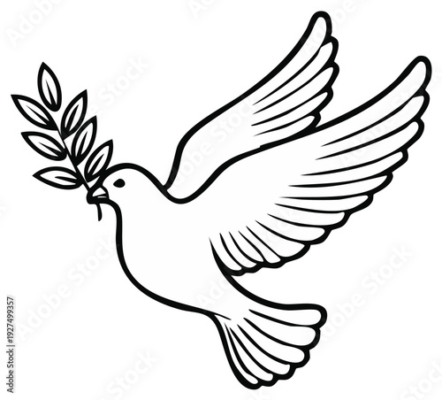 Flying dove carrying olive branch outline drawing representing peace hope and freedom