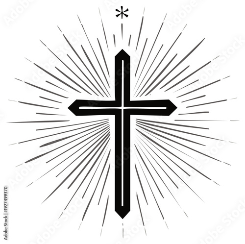 Christian Cross Symbol with Radiating Rays, Religion and Spirituality Symbolism, Religious Icon Silhouette, Church Sign Vector