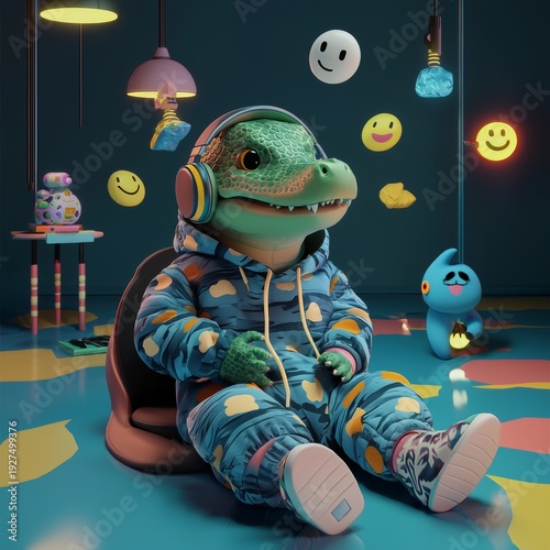 Wallpaper Mural Cartoon dinosaur character in a cozy room playing music and surrounded by colorful objects and decorations Torontodigital.ca