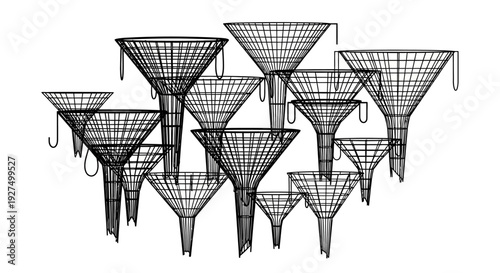 Wire mesh funnels in various sizes hang from hooks on a white background organized for industrial or laboratory use
