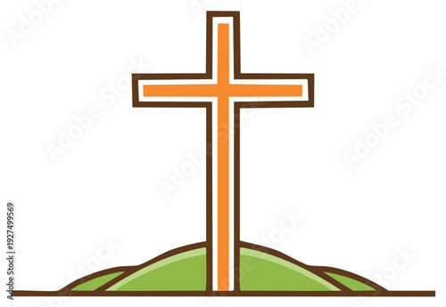 Christian cross symbol standing on a green grassy hill with a white background
