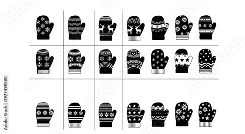 Collection of 20 different knitted winter mittens with various patterns on white background
