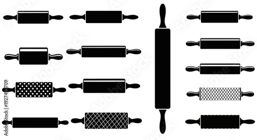 Collection of rolling pins with various textures and patterns for baking and cooking illustration