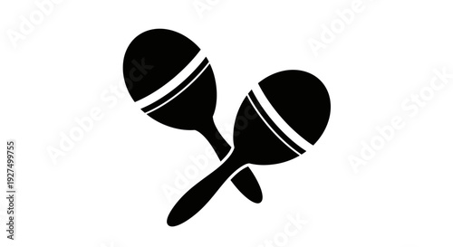 Two black maracas with white stripes on a plain white background crossed over each other musical instrument symbol