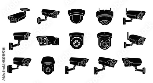 Collection of various black security camera icons on white background for surveillance and safety concepts