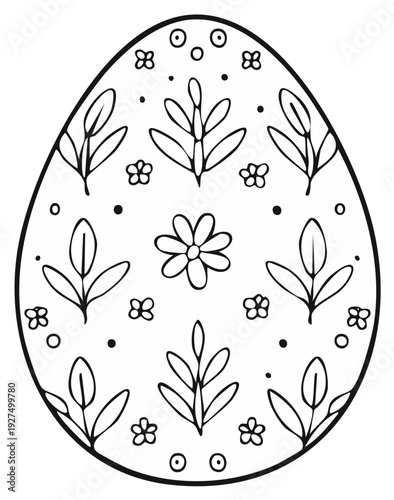 Hand drawn Easter egg with folk art floral and leaf patterns coloring page