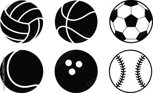 Black silhouette icon set of sports balls including soccer, basketball, volleyball, baseball, tennis, and bowling ball, athletic game equipment collection