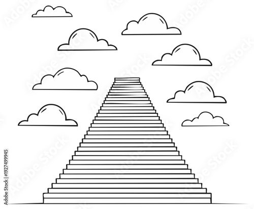 Conceptual drawing of stairway leading upwards towards fluffy clouds in a whimsical scene.