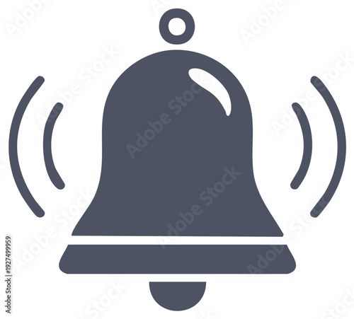 Iconic bell ringing symbol in dark blue, isolated on white background, vector.