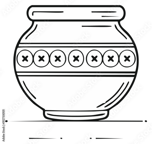 Handcrafted clay pot with traditional decoration, outline drawing of earthenware design, vintage pottery style