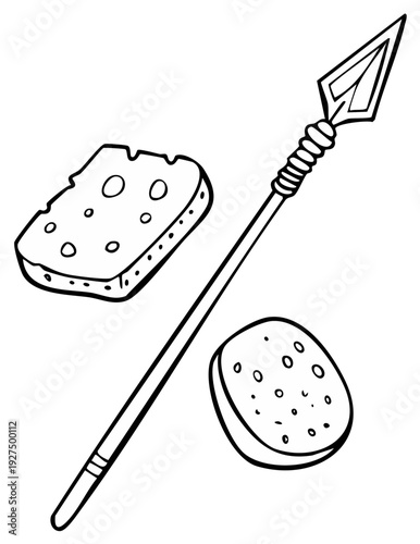 Black and white illustration of spear and stylized sponge objects
