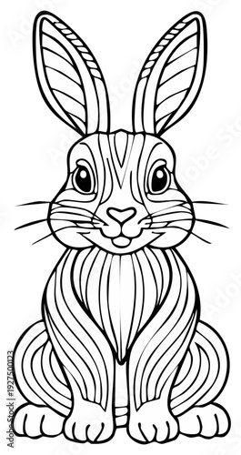 Cute Rabbit Line Art Drawing with Detailed Patterns for Kids Coloring Book and Easter Activity