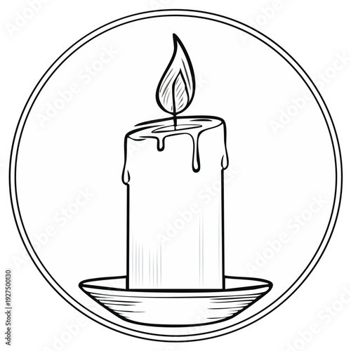Candle illustration with flame inside circle, black and white drawing