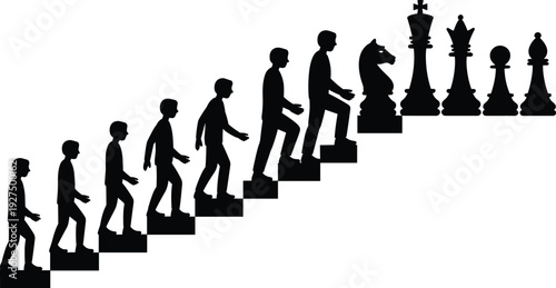 Black silhouette of a boy growing into a man while climbing stairs toward giant chess pieces, strategic career evolution, success metaphor