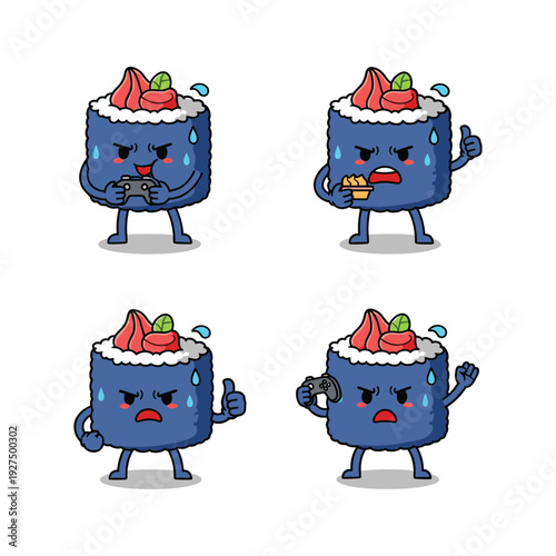 Cartoon sushi characters showing different emotions and actions with funny expressions