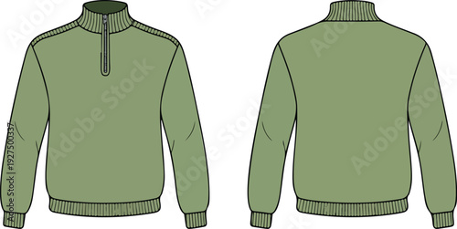 Men’s Pullover Sweater Vector  Quarter Zip Long Sleeve Flat CAD Fashion Illustration