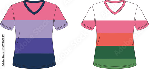 Men’s Color Block & Striped T-Shirt Vector  Flat CAD Fashion Illustration