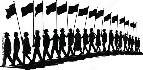 Black silhouette of people marching in line carrying flags, crowd of protesters walking together, social demonstration or political parade, isolated on white. (23 words)