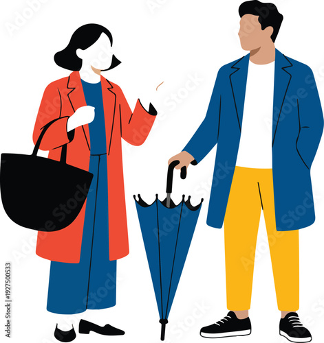 Cute Modern Couple Under Umbrella  Rainy Weather Fashion Flat Vector Illustration