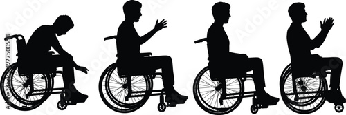 Black silhouette set of a man in a wheelchair in various poses, physical disability, mobility inclusion, rehabilitation, accessibility, medical equipment