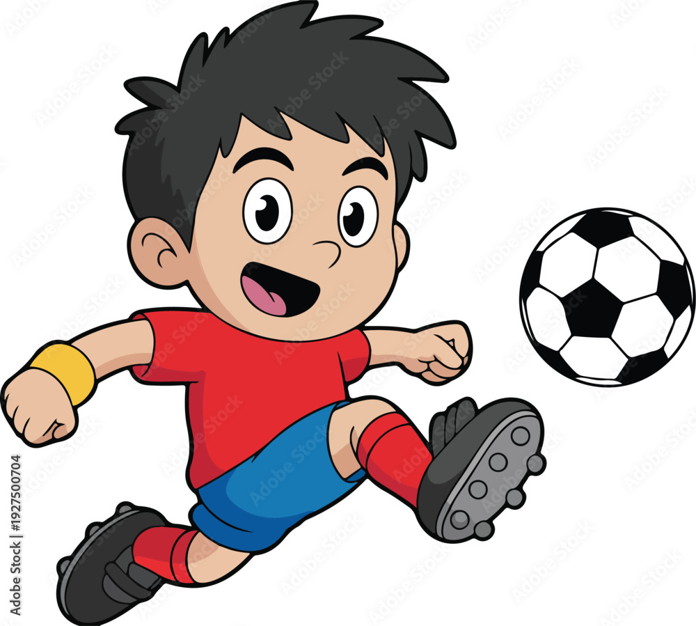 Obraz premium Cute Soccer Player Vector Cartoon Boy Kicking Football Flat Illustration