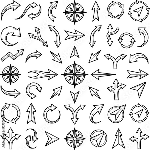 Arrows and Compass Rose Set: A visually dynamic collection of arrows and compass roses, designed to guide and direct. Illustrating various directions, this set is a versatile tool for navigation.