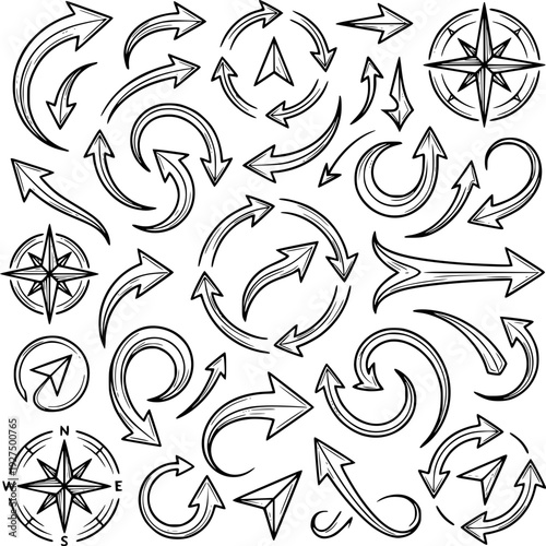 Navigational Arrows: A collection of various arrows, in diverse shapes and directions, along with compass elements, are artfully arranged to guide and direct.  