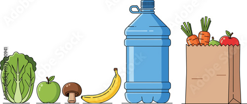 large water bottle, brown paper bag, bag of groceries, fresh vegetable set, healthy lifestyle concept, organic produce collection, balanced diet illustration, grocery 