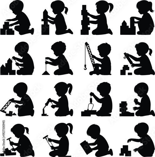 Black silhouette set of children playing with building blocks and toy tools, early childhood education, creative STEM learning, kids development