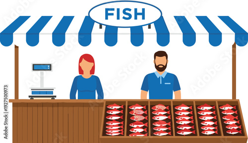 Local Fish Market Stall Illustration Featuring a Male and Female Vendor Selling Fresh Red Fish Under a Blue Striped Awning for Seafood Commerce Designs