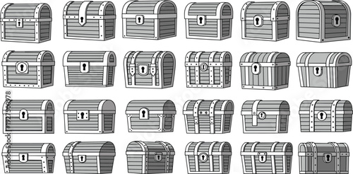 Large collection of various wooden treasure chest vector illustrations with different locks and metal details isolated on a white background for gaming design