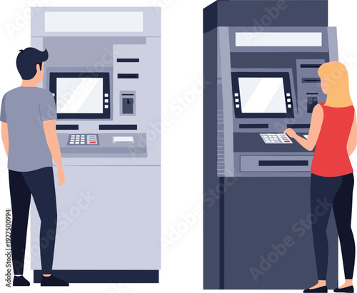 Man and woman using ATM machine for cash withdrawal and banking transaction, modern vector illustration of people at automated teller machine in urban setting.