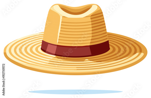 Vector illustration of a straw hat with a maroon band, summer wear.