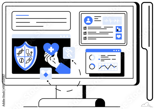 Telehealth, digital medical records, health monitoring, online consultations, patient care, technology integration. Display showing healthcare icons and charts. Telehealth and digital medical records