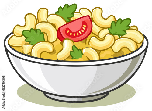 Comforting bowl of macaroni and cheese garnished with tomato and parsley