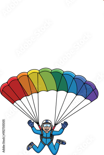 Cartoon Skydiver Vector  Rainbow Parachute Extreme Sport Flat Illustration