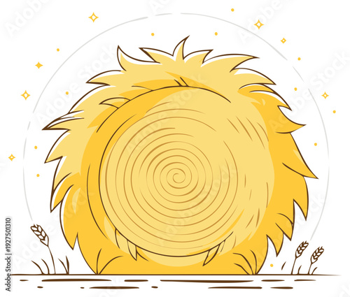 Stylized illustration of a large golden hay bale with radiating sparks and wheat stalks