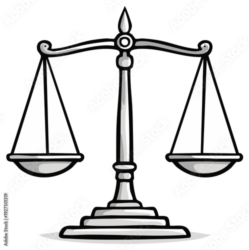 Illustration of a classic metal balance scale symbol of justice and fairness against a plain background