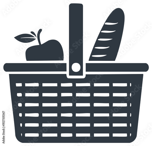 Stylized vector graphic of a picnic basket filled with an apple and a loaf of bread
