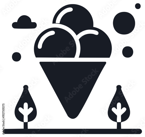 Three scoops of ice cream in a cone with stylized trees and clouds
