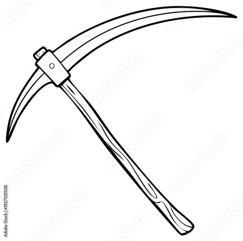 Monochrome vector of a sharp, curved scythe with wooden handle for agriculture, harvest, reaping wheat or as death symbol.