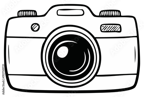 Camera doodle illustration, photographic device sketch, art line drawing, picture taking, media, black and white