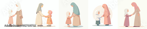 vector of Muslim daughter and mother shaking hands on Eid al-Fitr