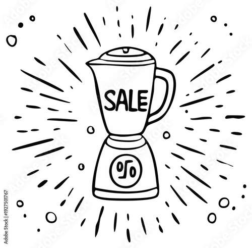 Hand-drawn blender with SALE sign and sunburst effect, perfect for advertising kitchen appliance promotions