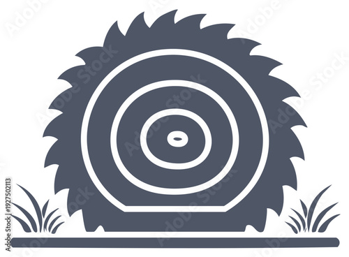 Circular saw blade cutting grass. Lawn mower or trimmer tool for garden maintenance.