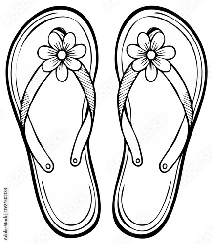 Outline Drawing of Flip Flops with Floral Decorations for Summer Travel and Beach Vacation