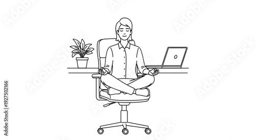 A person meditating at a desk with a laptop and potted plant, practicing mindfulness in a workspace