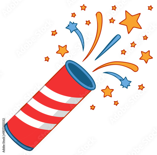 Red and white striped party popper exploding with colorful stars and streamers celebration