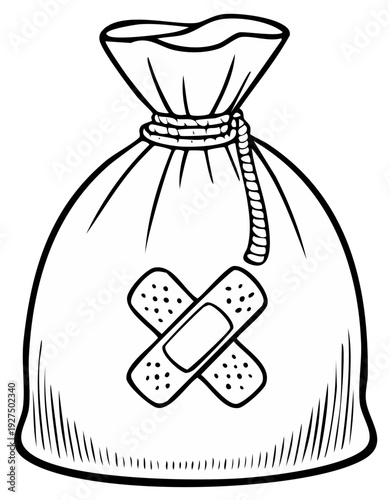 Sack with bandages, repair patch on bag, damaged money bag with mending