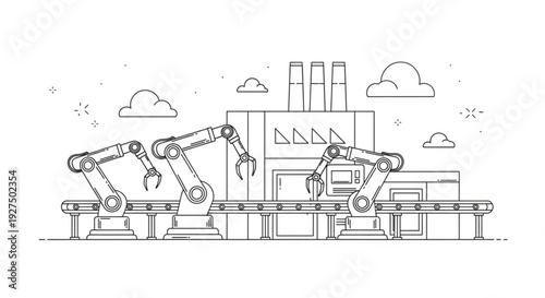 Robotic arms operating in an industrial facility with machinery and equipment from a frontal viewpoint